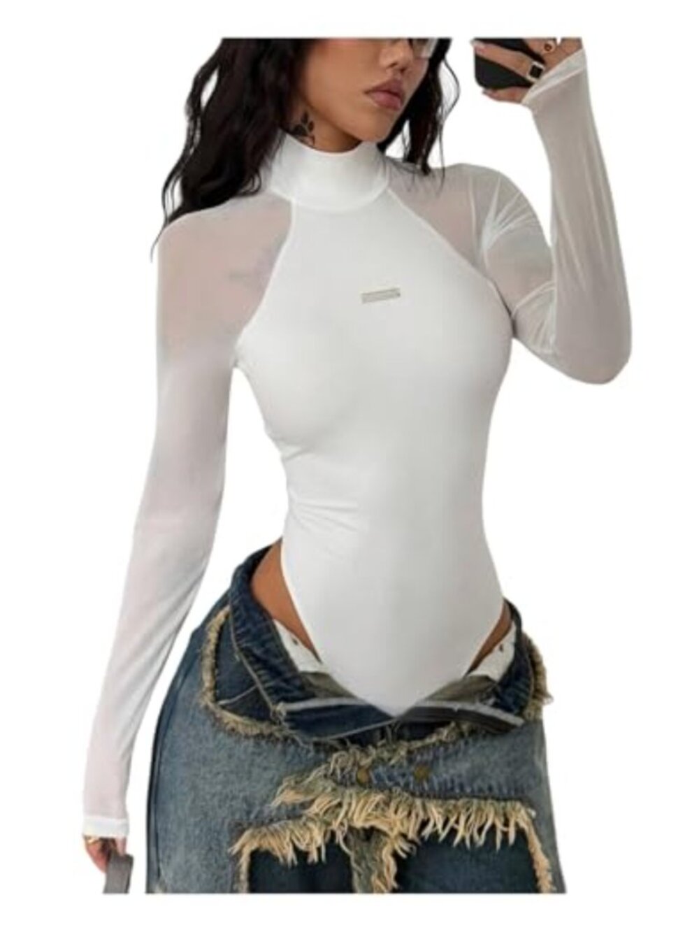 Women's Sheer Mesh Long Sleeve Bodysuit Mock Neck Fitted Leotard Top